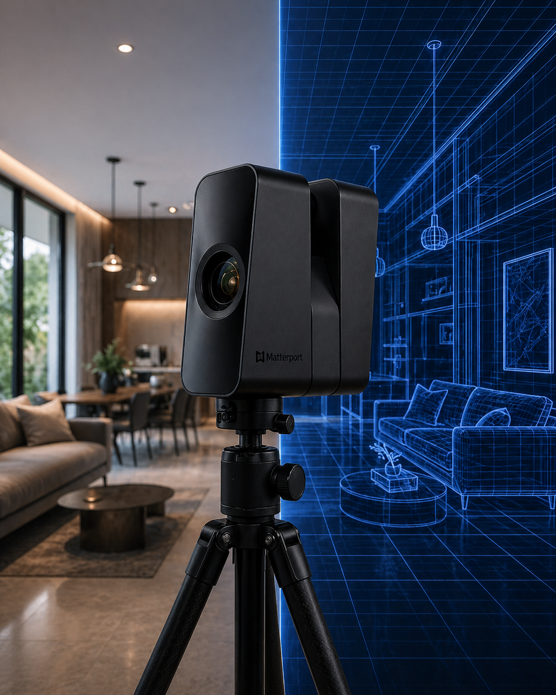 Matterport Pro 3 sobre trípode escaneando un espacio real